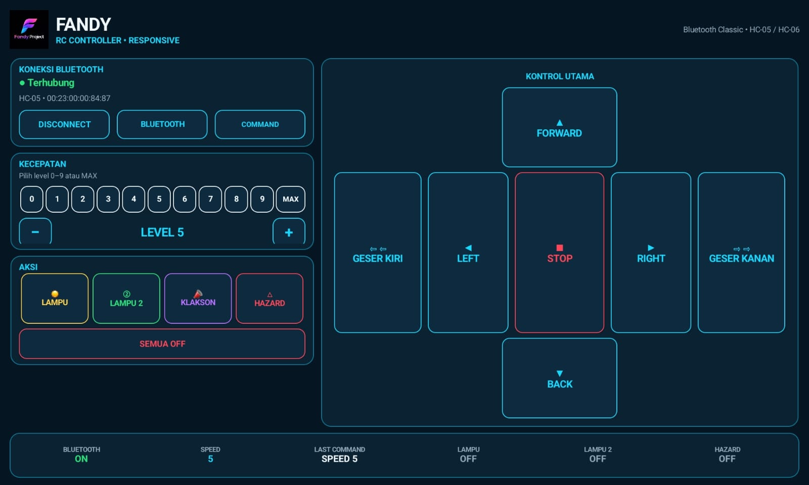 Tampilan aplikasi Android Fandy RC Controller